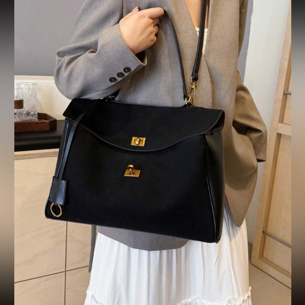 Black faux suede & faux leather contrast tote shoulder bag / handbag purse - Picture 9 of 9